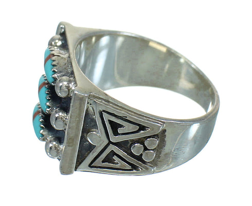 Turquoise And Coral Needlepoint Sterling Silver Ring Size 6 FX91979
